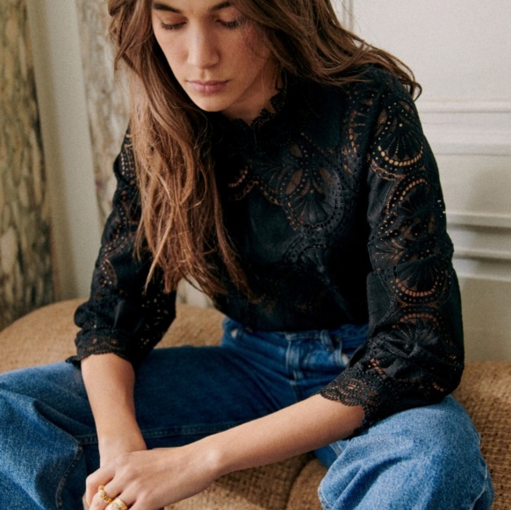 Sezane Black Lace Bianca Blouse